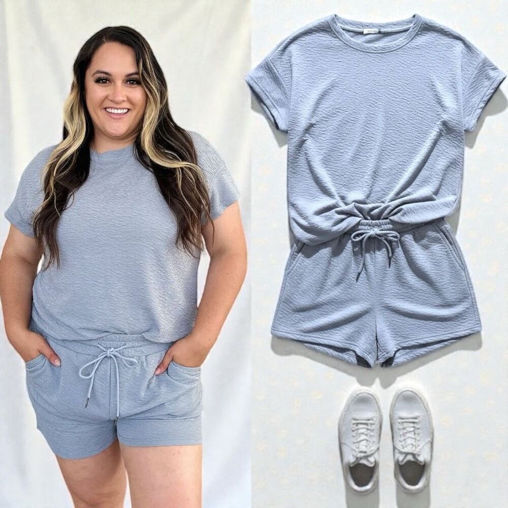 Boutique Gray Blue Plus Size Texture T-Shirt & Shorts Lounge Set NWT